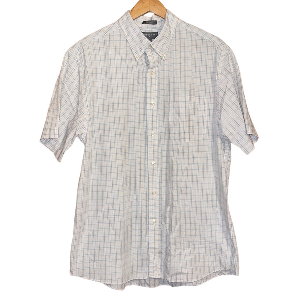•SADDLEBRED•MENS' SHORT SLEEVE BLUE/OFF-WHITE PLAID BUTTON DOWN SHIRT  LARGE EUC